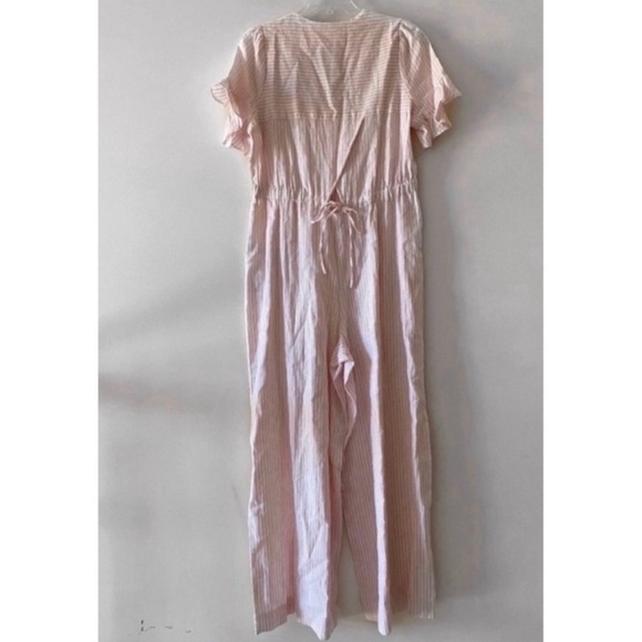 A loves A White and Pink Striped Ruffle Sleeve Button -up V-Neck Linen Jumpsuit - Picture 2 of 3